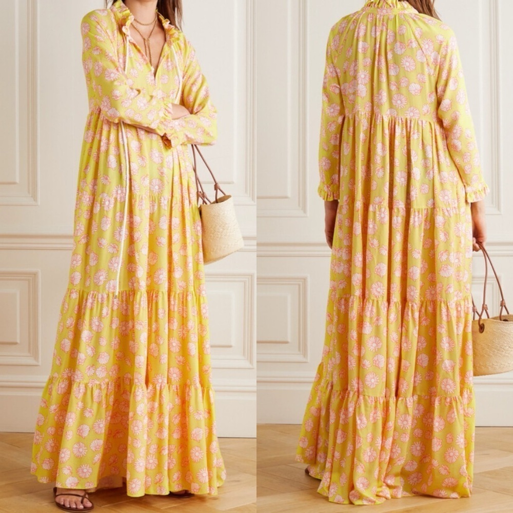 Eywasouls Malibu Cora Tiered Floral Print Boho Twill Maxi Dress SIZE S